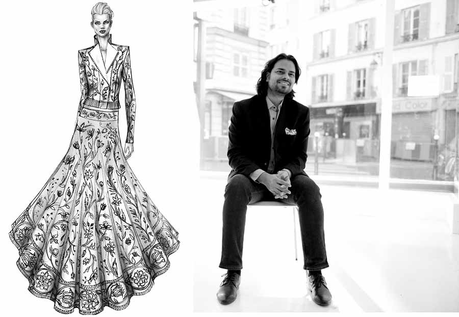 (left) A sketch by the designer; (right) Rahul Mishra 