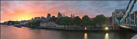 Sunset over London skyline and River Thames from Tower Bridge, London, England, UK